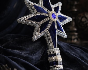 Gothic Christmas Tree Topper, Navy Blue Velvet Star, Silver Beaded Ornament, Luxurious Christmas Decor, Unique Tree Topper