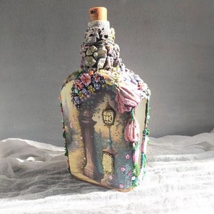 Hand painted decorative wine bottle with summer LED accent Decoupage bottle with unusual glowing decor inside.
