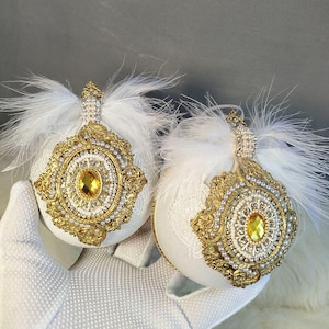 Set of 2 white Christmas tree balls with gold trim. New Year&#39;s gift set.