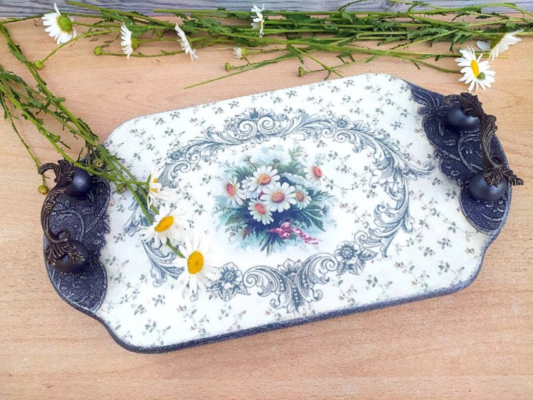Wooden Tea Tray With Daisies for Table Setting White Handmade Flower ...