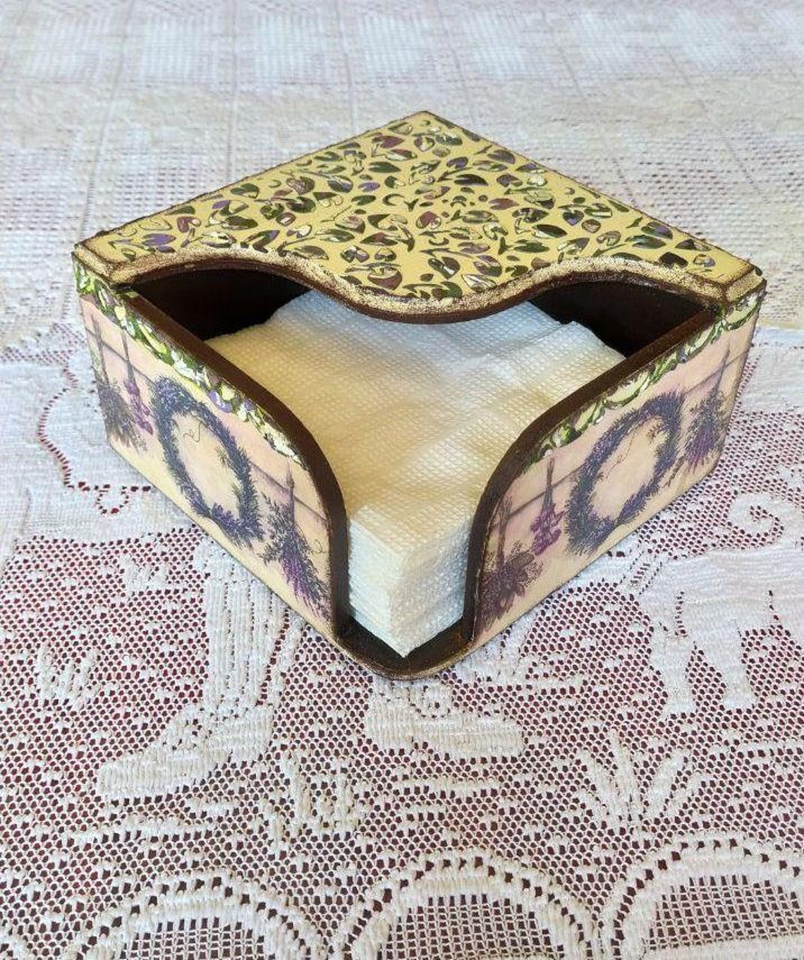Wooden square napkin holder with lavender. Beige napkin Etsy