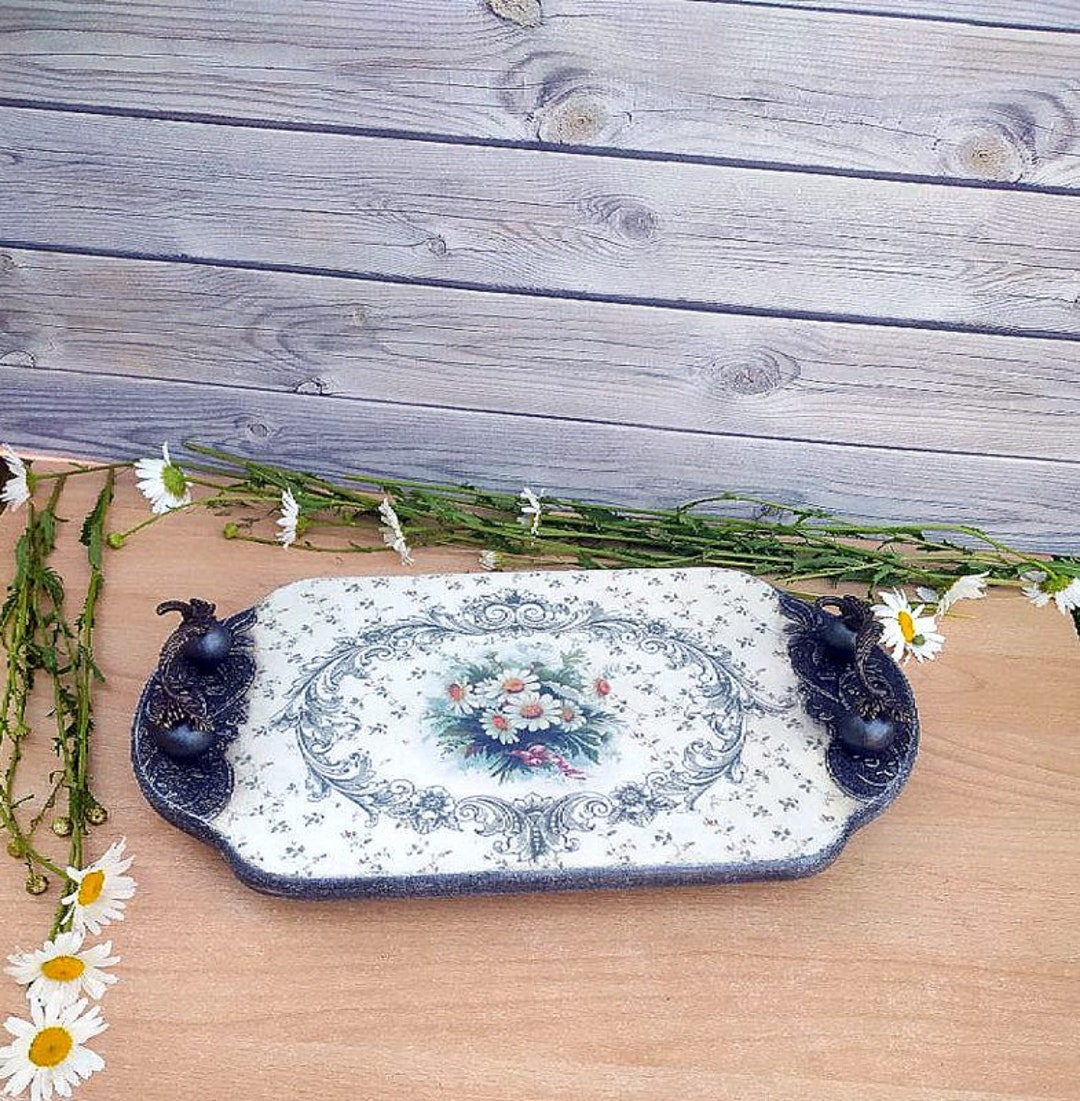 Wooden Tea Tray With Daisies for Table Setting White Handmade Flower ...
