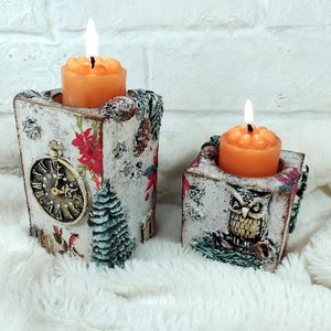 Winter wooden candlesticks New Year's square candlesticks Decorative tablet candlesticks Set of holiday candlesticks.