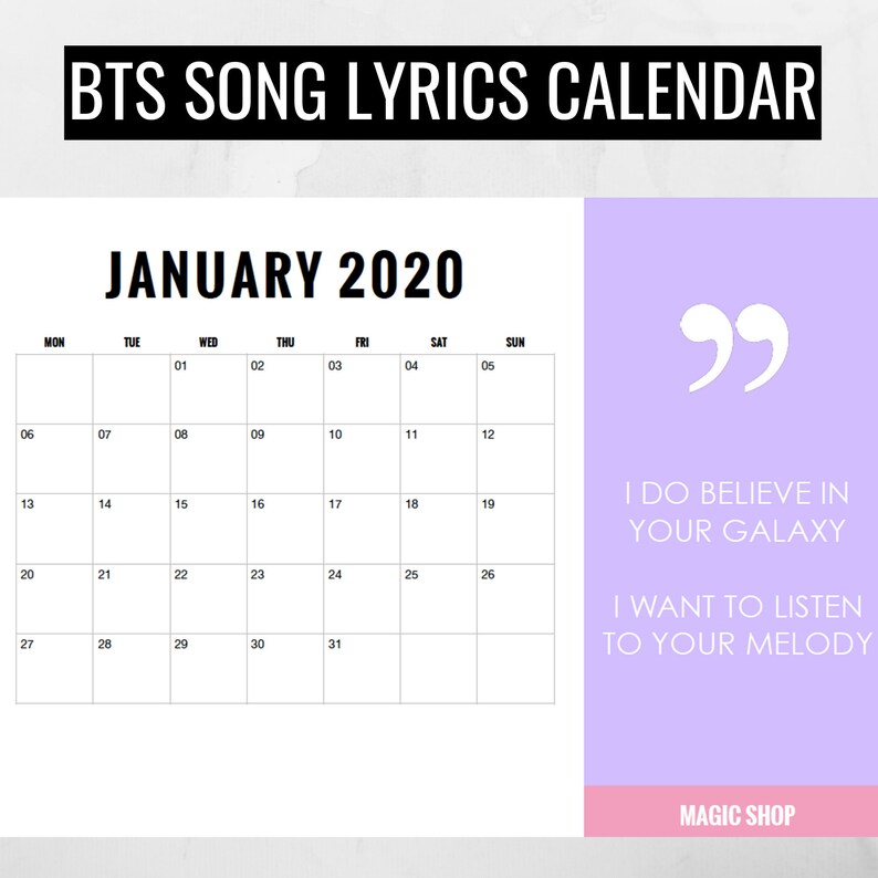 BTS Song Lyric Calendar 2020 Printable BTS Wall Calendar | Etsy
