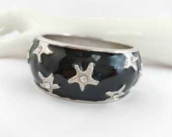 Vintage enamel black and silver tone star fish crystal clamper bangle - rhinestone starfish enamel hinged bangle Retro bracelet vintage cuff