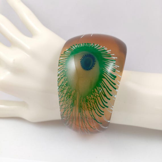 Peacock feather bangle, classic Art Deco revival featuring green blue peacock feathers statement oversize chunky Jewellery View 2