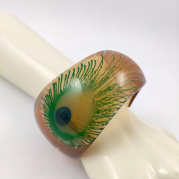 Peacock feather bangle, classic Art Deco revival featuring green blue peacock feathers statement oversize chunky Jewellery View 4
