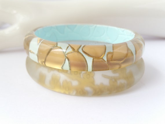 Floral bangles Mint green and gold reverse carved… - image 5