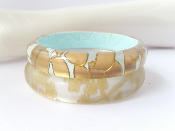 Floral bangles Mint green and gold reverse carved… - image 4