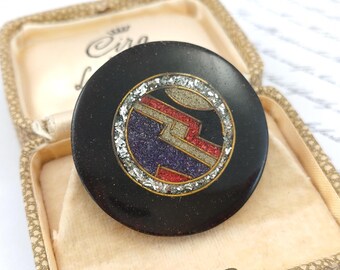 Vintage 1980's Art Deco brooch pin - unusual round black lightning strike inlay brooch geometric design - black blue red green inlay