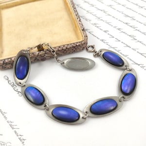 Vintage-Armband aus den 1970er Jahren, blau, oval, schlanke Glieder, Space Age Modernist Edelstahl MCM Retro Artemis