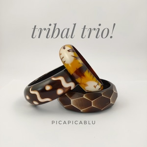 Tribal Trio Curated stack of three Tribal Bangles: Brown, Amber, Cream Boho Stack (6.5cm)