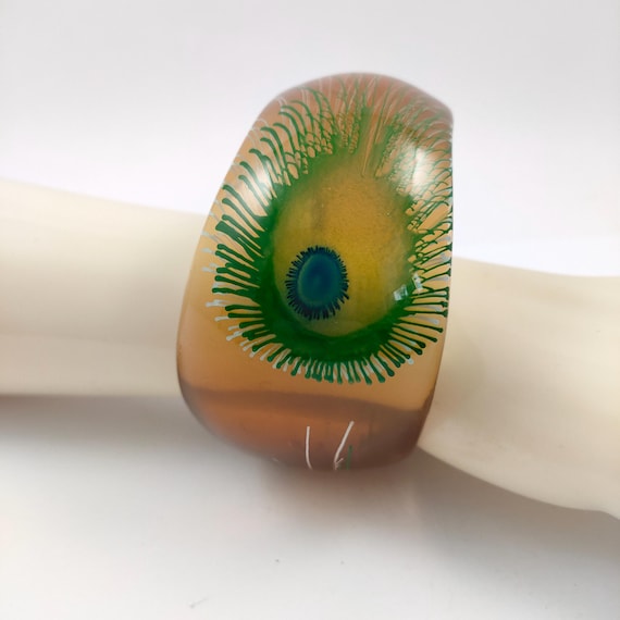 Peacock feather bangle, classic Art Deco revival featuring green blue peacock feathers statement oversize chunky Jewellery View 5