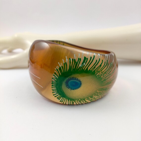 Peacock feather bangle, classic Art Deco revival featuring green blue peacock feathers statement oversize chunky Jewellery View 3