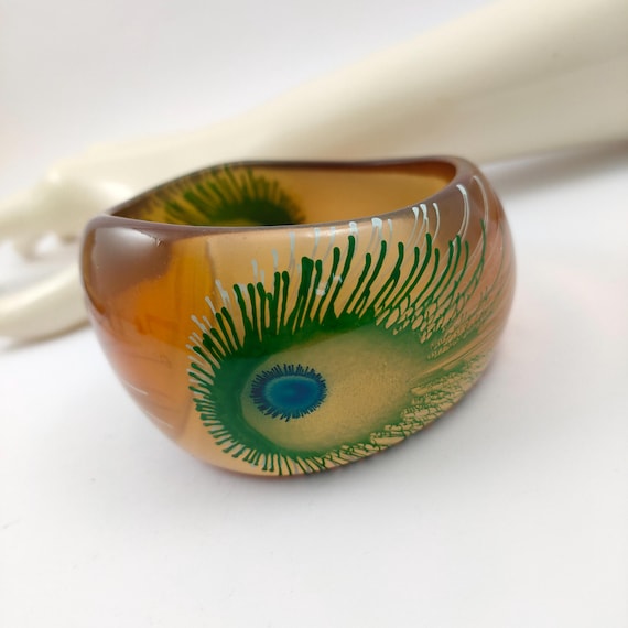Peacock feather bangle, classic Art Deco revival featuring green blue peacock feathers statement oversize chunky Jewellery