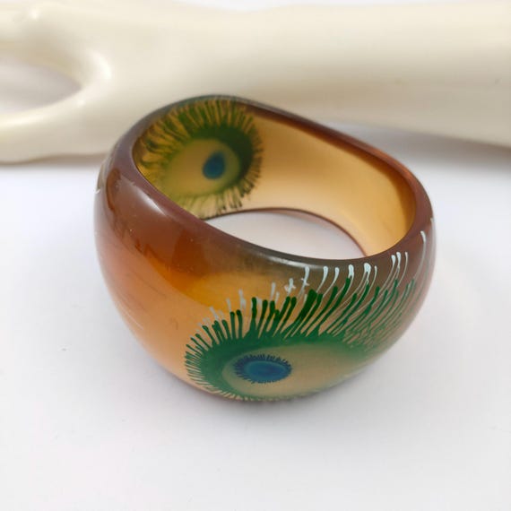 Peacock feather bangle, classic Art Deco revival featuring green blue peacock feathers statement oversize chunky Jewellery View 6