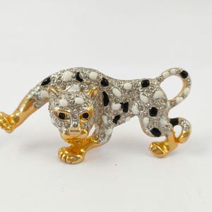 Vintage Raubkatze Brosche: Zweifarbige Emaille Leopard Pin/ Anhänger schwarz weiß silber gold farben