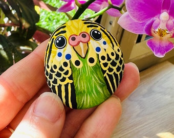 Hand painted rock magnet- Green budgie