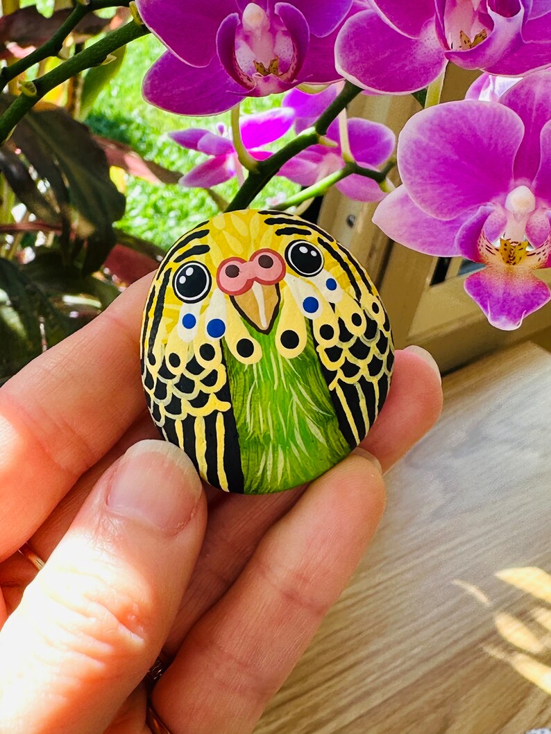 Hand painted rock magnet Green budgie image 1