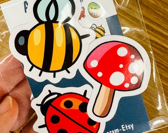 Pack of 3 AwkWard Art stickers- Bee, ladybug, mushroom