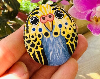 Hand painted rock magnet- yellow/blue budgie