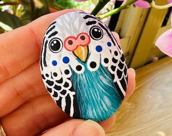 Hand painted rock magnet- Blue budgie