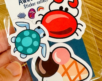 Set of 3 AwkWard Art stickers- Crab, ice cream, turtle