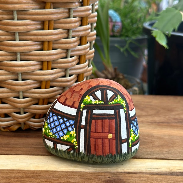 Wonky cottage hand painted rock- Tudor 1