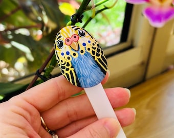 Hand painted rock plant decor spike- yellow/blue budgie