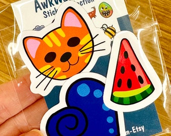 Pack of 3 AwkWard Art stickers- Cat, watermelon, heart