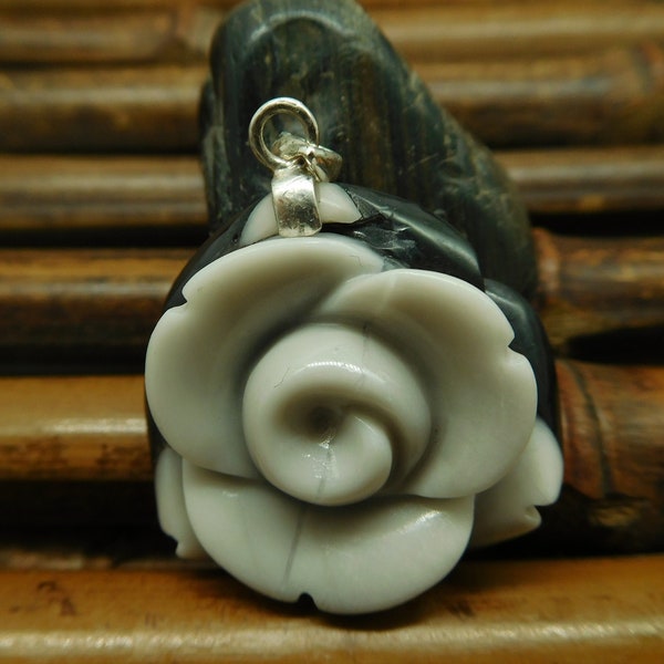 White Gemstone with Black Agate Intarsia Stone Carving. Silver Hood for Necklace. Natural Gemstone Carving 925 Silver (B4293)