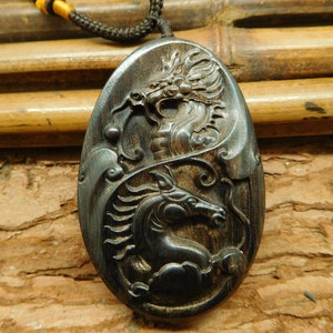 Wooden Carving Dragon and Horse Necklace. Natural Gemstone Bead Unisex Gift. Handmade Gemstone Jewelry Gift. Wood Bead Animal Jewelry