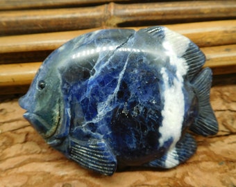 African Sodalite Handmade Gemstone Figurine. Natural Fish Carved Stone Designer Gift. Summer Day Gift for Housewarming. (D348)