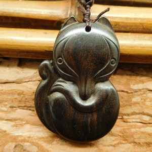 Ebony wood carved fox necklace. wood carving fox charm. fox necklace. fox craft jewelry. wood carving fox charm. jewelry for gift