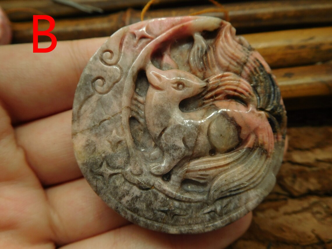 Rhodonite Carved Gumiho. Fox Bead. Natural Stone Carving. Wood Etsy