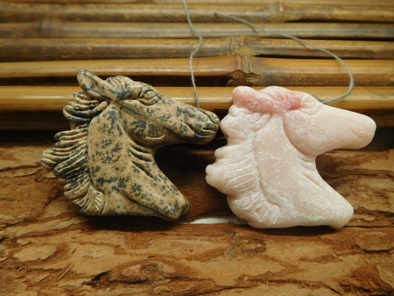 Pink Opal Horse. Carved Horse Head. Horse Pendant. Coral Fossil