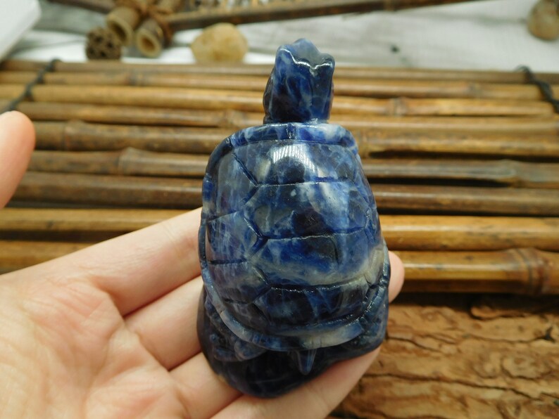 May include: A blue and white carved turtle figurine made of sodalite.