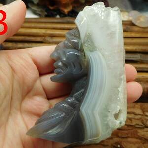 Puede incluir: Una escultura tallada en piedra de &aacute;gata de la cabeza de un jefe nativo americano, con un cristal de &aacute;gata blanco en la parte superior. La escultura es gris y blanca con una talla detallada de la cara.