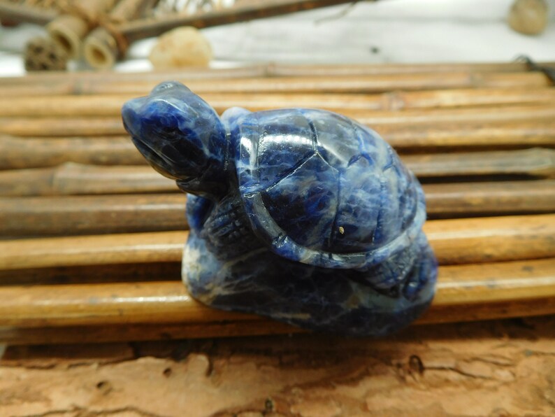 May include: A blue lapis lazuli turtle sculpture. The turtle is carved in a realistic style and has a detailed shell.
