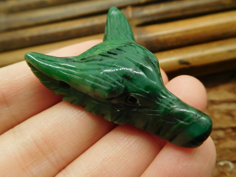 Animal Carving. Carved Wolf Pendant B4457 Wolf Jewelry For Men New Year Sale Wolf Lover African Jade Wolf Head Green Crystal Bead