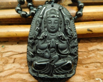 Obsidian Gemstone Necklace. Buddha Carving  (B4462)