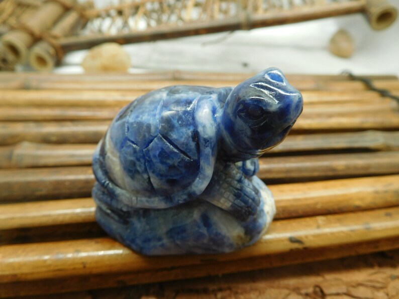 May include: A small blue lapis lazuli turtle sculpture. The turtle is carved in a sitting position with its head raised. The sculpture has a detailed, textured surface.