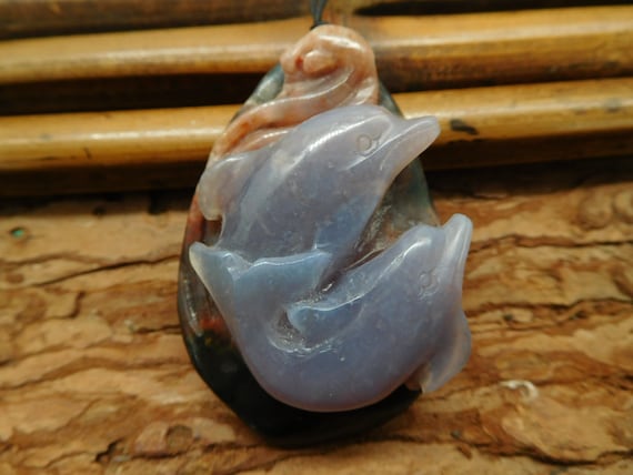 Carved Dolphin Cord Necklace. Dolphin Ornament. Fancy Agate Carving. Dolphin Lover. Indian Agate Dolphin. Animal Gift. Birthday Gift (C1206)