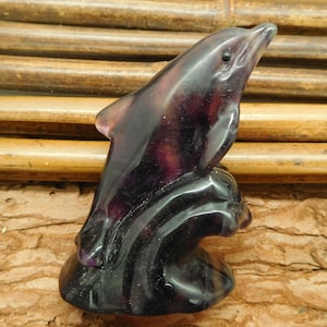 Fluorite Gemstone Bead. Dolphin Handcarved Animal Decoration. Gemstone Decor Gift for Stone Lover (D0340)