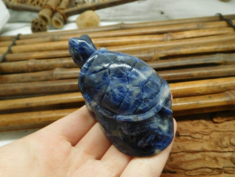 May include: A small blue and white carved turtle figurine made of sodalite.