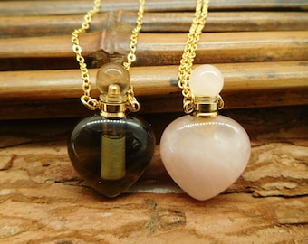 perfume necklace. crystal carve perfume pendant. smoky carve perfume bottle. rose quartz perfume. perfume necklace. heart perfume pendant