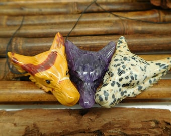 Handcrafted wolf head. Dalmatian Jasper Wolf Pendant. Carved Wolf. Wolf Jewelry. Handcarved Animal Necklace. Wolf Bracelet. Gemstone (B4853)