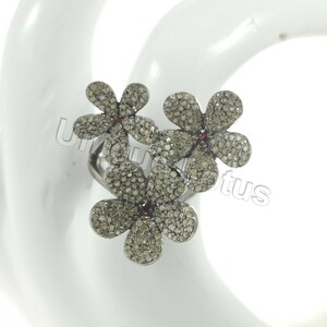 Flower Silver Pave Diamond Ring .925 Oxidized Sterling Silver Diamond Ring, Genuine handmade pave diamond Ring.