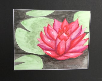 Not a print. 100% original Hand Painted Watercolor Painting signed by Artist. Beautiful water lily with lily pads