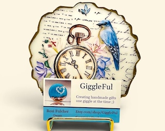 Handmade business card holder. Resin with beautiful floral and blue bird design, one of a kind. Elegant business card holder for coworker.